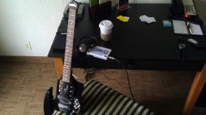 My mobile setup for songwriting when I'm traveling.   Traveler Speedster guitar and Boss Micro BR-80